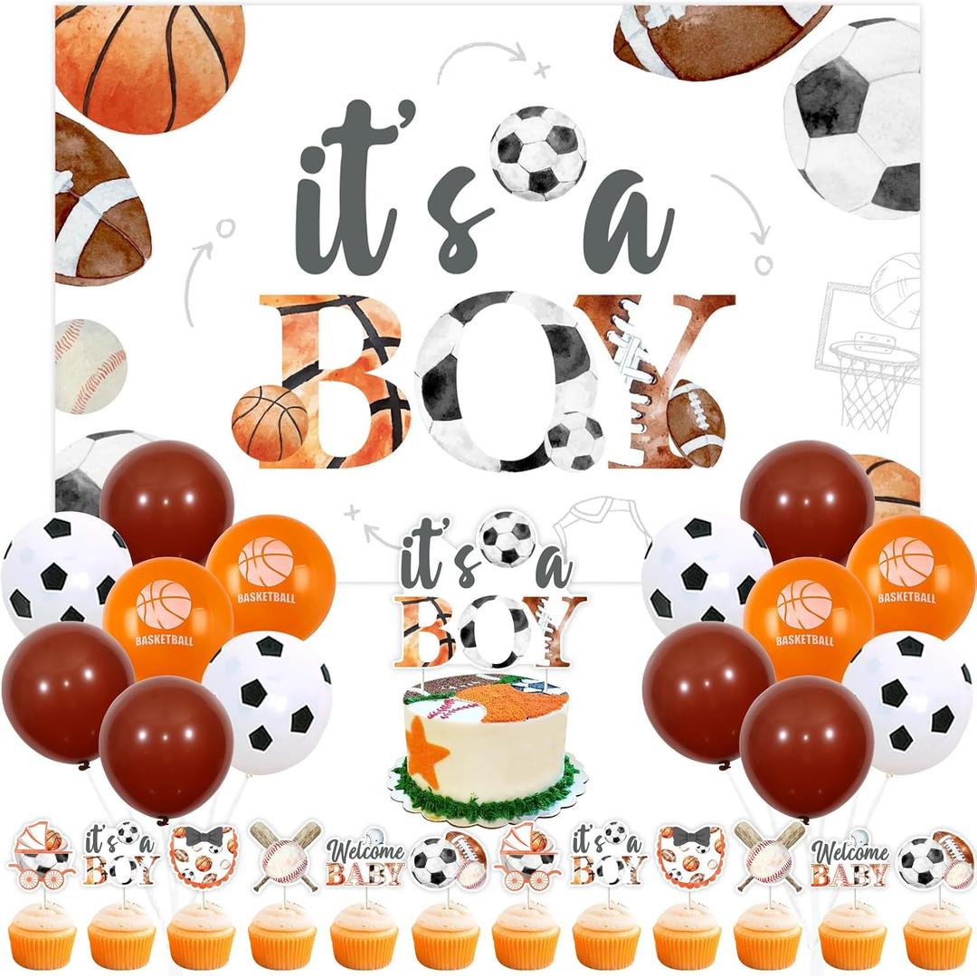 Sports Baby Shower Decorations for Boy, Sports It's a Boy Backdrop, Cake Topper, Cupcake Toppers, Balloons, Welcome Baby Football Basketball Soccer Baseball Baby Shower Decorations