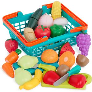 Battat Play Food for Toddlers with Farmers Market Basket and Chopping Board, Toy Food for Kids Kitchen and Pretend Play for 3+ Years (37 Pieces)
