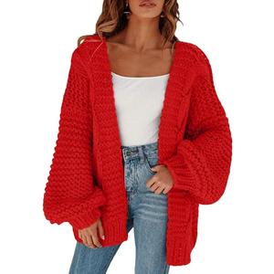 Cicy Bell Women's Open Front Chunky Knit Cardigan Loose Lantern Sleeve Oversized Sweater Coats (Red, Small)