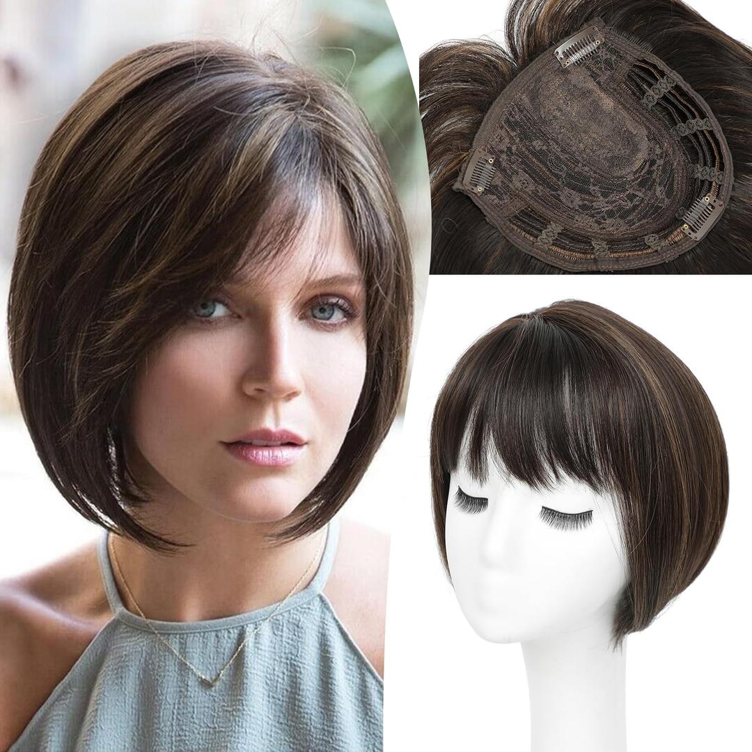 Hair Topper Short Bob Toppers with Bangs Side Part Toppers for Women with Thinning Hair Full Coverage Perfect for Daily Use, Styling, Cosplay, Changing Hairstyle, Boosting Confidence