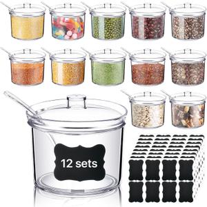 12 Pcs Acrylic Sugar Bowl with Lid and Spoon,7.1 Oz Clear Condiment Storage Pot,Sugar Jar Spices Container for Home Kitchen,Coffee Bar,Restaurant