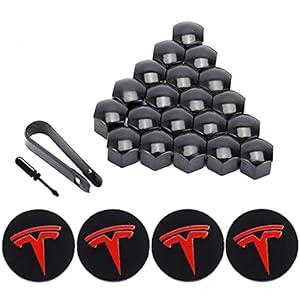 ROCCS Compatible with Tesla Model 3 S X Set Aero Wheel Cap Kit, Center Logo Emblem Modification Hub Cover w Hub Nut Cap Lug Nut Cover, Red