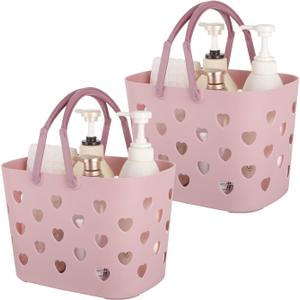 Anyoifax Portable Shower Caddy Tote Plastic Storage Basket with Handle Box Organizer Bin for Bathroom, College Dorm, Pantry, Kitchen, 2 Pack, Pink