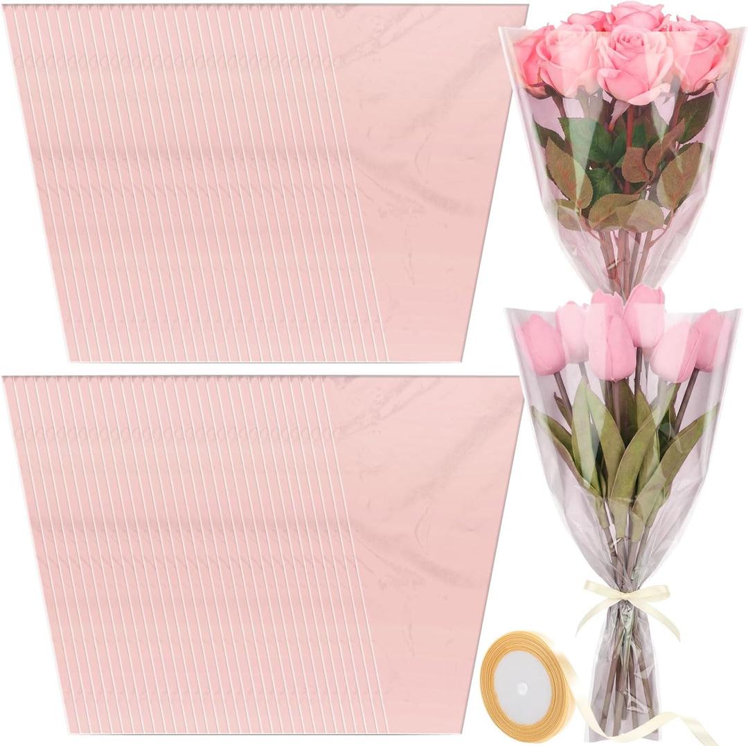 Jaloro 200 Pcs Pink Flower Bags for Bouquets 17.7 x 11 Inch Mother's Day Large Plastic Flower Sleeves Bulk with Ribbon Florist Supplies for Wedding, Birthday, Spring Graduation Gift Wrapping