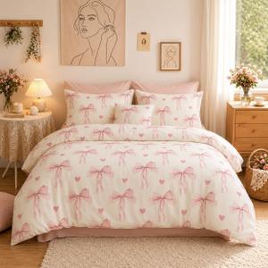 Pink Bow Comforter Set Queen Size - 3 Pieces Pink White Heart Comforter Bedding Sets Reversible Pattern,Queen Bed in a Bag for Girls Comforter and 2 Pillowcases
