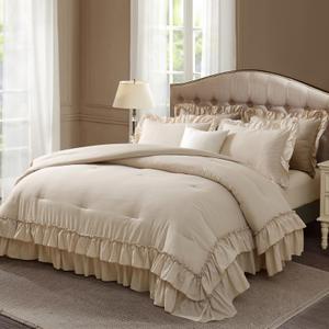Themelove Full Size Comforter Set Beige, Lightweight Fluffy Farmhouse Ruffle Bedding Set, Soft Microfiber All Season Shabby Chic Bed Set 3 Pieces(1 Ruffle Comforter 2 Pillowcases)