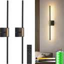Battery Operated LED Wall Sconces Set of 2, 3000K-6000K Dimmable Rechargeable Wall Sconces with Remote 360Rotate Black Gold Wireless Wall Lights for Living Room Hallway Bedroom 24 Inch 2 Pack