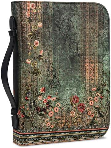 WUDUTOP Bible Cover Case for Women PU Leather Woman Book Carrying Bag Bible, Protective Bible Organizer Holder Bag with Handle and Zippered Pocket, Christian Gift for Lady Girls (Boho Floral, XL)