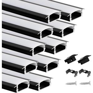 Muzata 10Pack 6.6FT/2M Recessed LED Channel U Shape Black Aluminum LED Strip Diffuser Channel with Milky White Cover U127 WW 2M