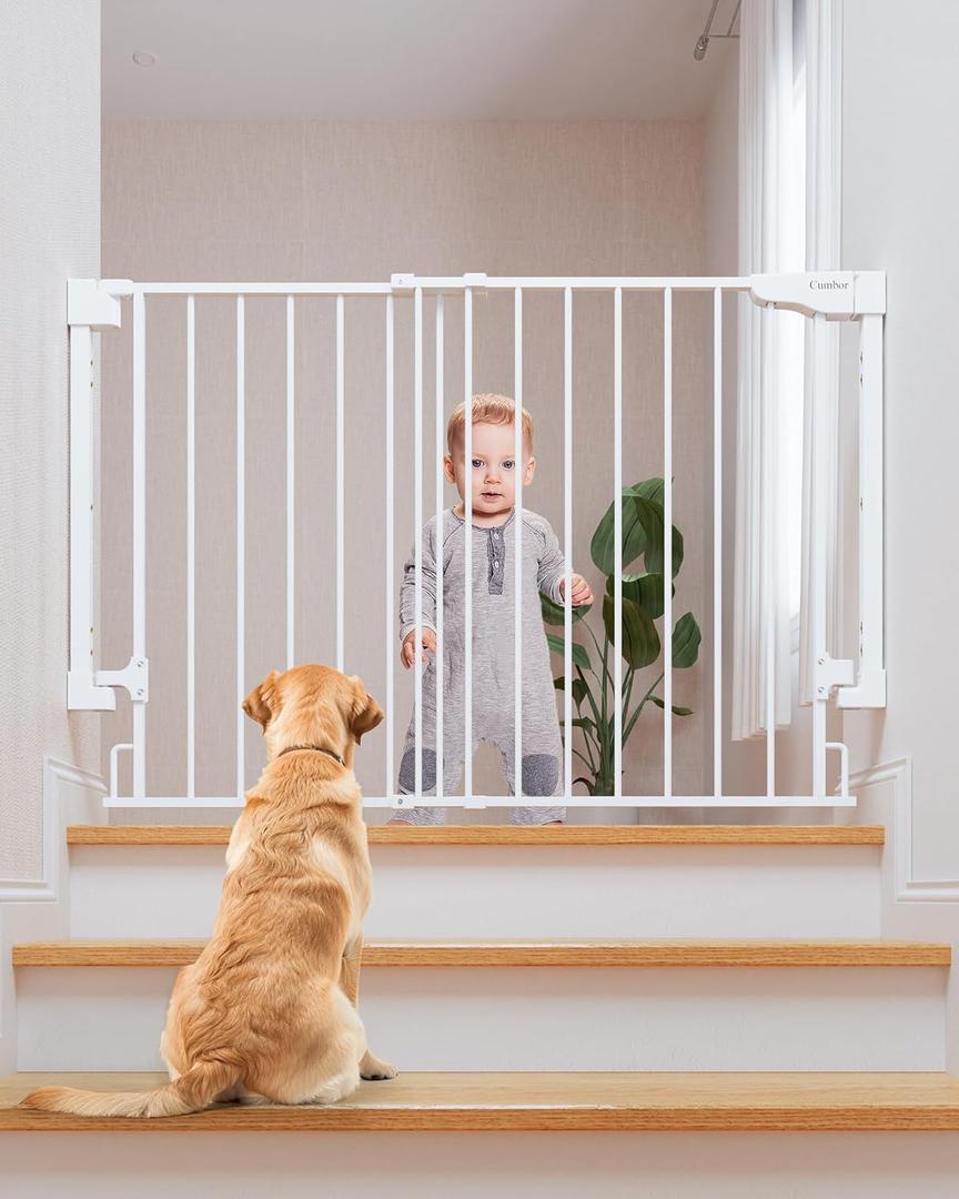 Cumbor No Bottom Bar Baby Gate for Stairs, 2-in-1 Auto Close Dog Gate Indoor, Hardware Mounted Pet Gate for Doorways with Large Walk Thru Door, Child-Proof Safety Gate for Kids (White) (29.2-43" W, 28" H, White)