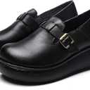 Women's Retro Leather Belt Buckle Thick Sole Loafers Fashionable and Comfortable Handmade Leather Thick Soled Shoes (5.5, Black)