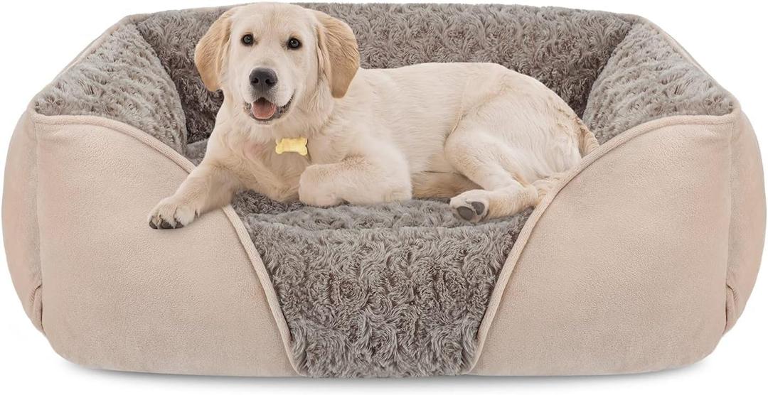 INVENHO Large Rectangle Orthopedic Dog Bed for Medium Small Dogs, Washable Soft Calming Puppy Sleeping Cuddler With Anti-Slip Bottom L(30"x24"x9") (Beige)