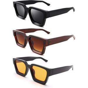 Pro Acme Square Sunglasses for Men Women,Thick Frame Sun Glasses Simple Designer Style Shades (3 Pack (Black/Grey + Black/Orange + Brown/Brown Gradient))