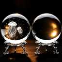 2 Crystal Balls with Silver Stands - 3D Laser Engraved Jellyfish & Star & Clear Crystal Sphere Set, Decorative Paperweights, Home & Party Decor, Photography Props, Gifts for Women & Ocean Lovers