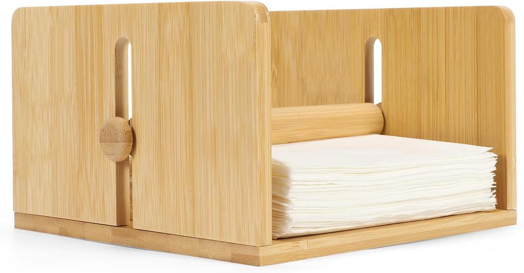 Bamboo Napkin Holder for Table, Square Napkin Holder with Weighted Arm, Wooden Cocktail Paper Holder for Kitchen, Dinning Room and Party