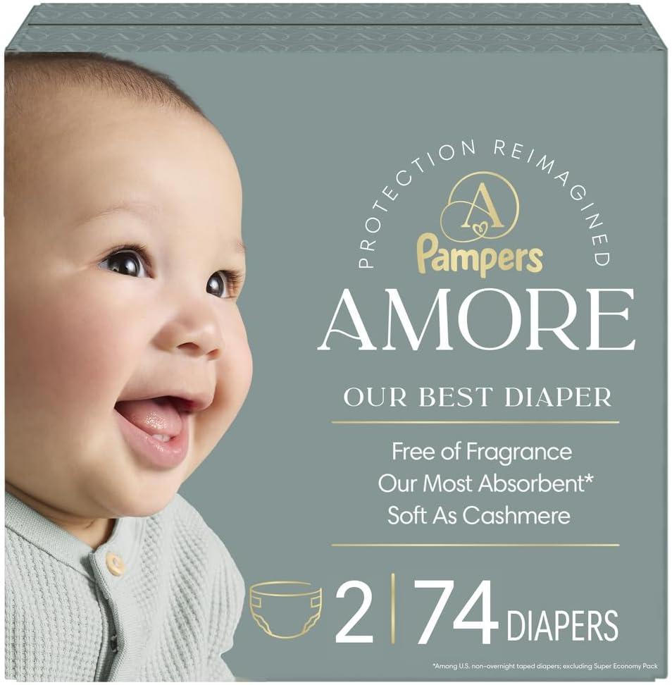 Pampers Amore, Size 2 (10-22 lbs), 74 Count, Our Best Diaper – Hypoallergenic & Fragrance Free, Up to 100% Leakproof, Soft as Cashmere