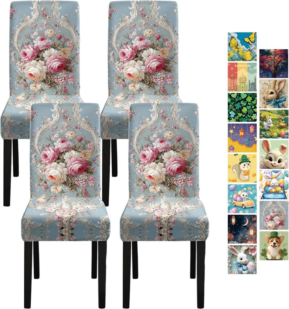 Easter Festive Decorations Chair Covers St. Patrick's Day Chair Back Cover Stretch Ramadan Seat Cover for Dining Room,Party,Banquet,Hotel,Ceremony (4, Flower)