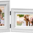 4x6 Double Picture Frame Vertical Horizontal Hinged Pine Wood Folding Photo Frame with Real Glass, Combo Display 4x6 Photos Matted to 3x5, Free-Standing Desk Tabletop or Wall Decor, White