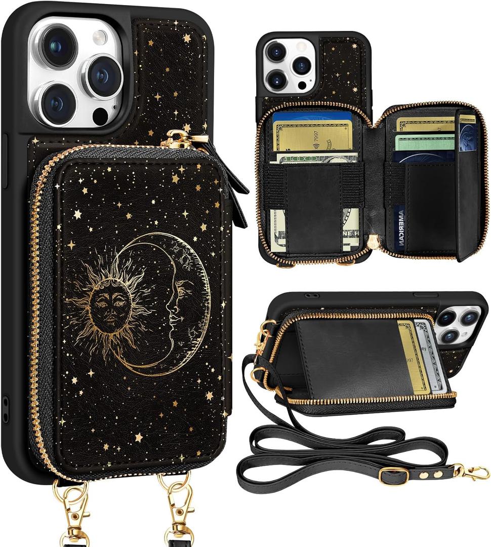 Shorogyt Leather Wallet Case Crossbody | RFID Blocking, Card Holder Slots, Designer, Sun Moon, Handbag, Purse, Phone Cases, with Lanyard