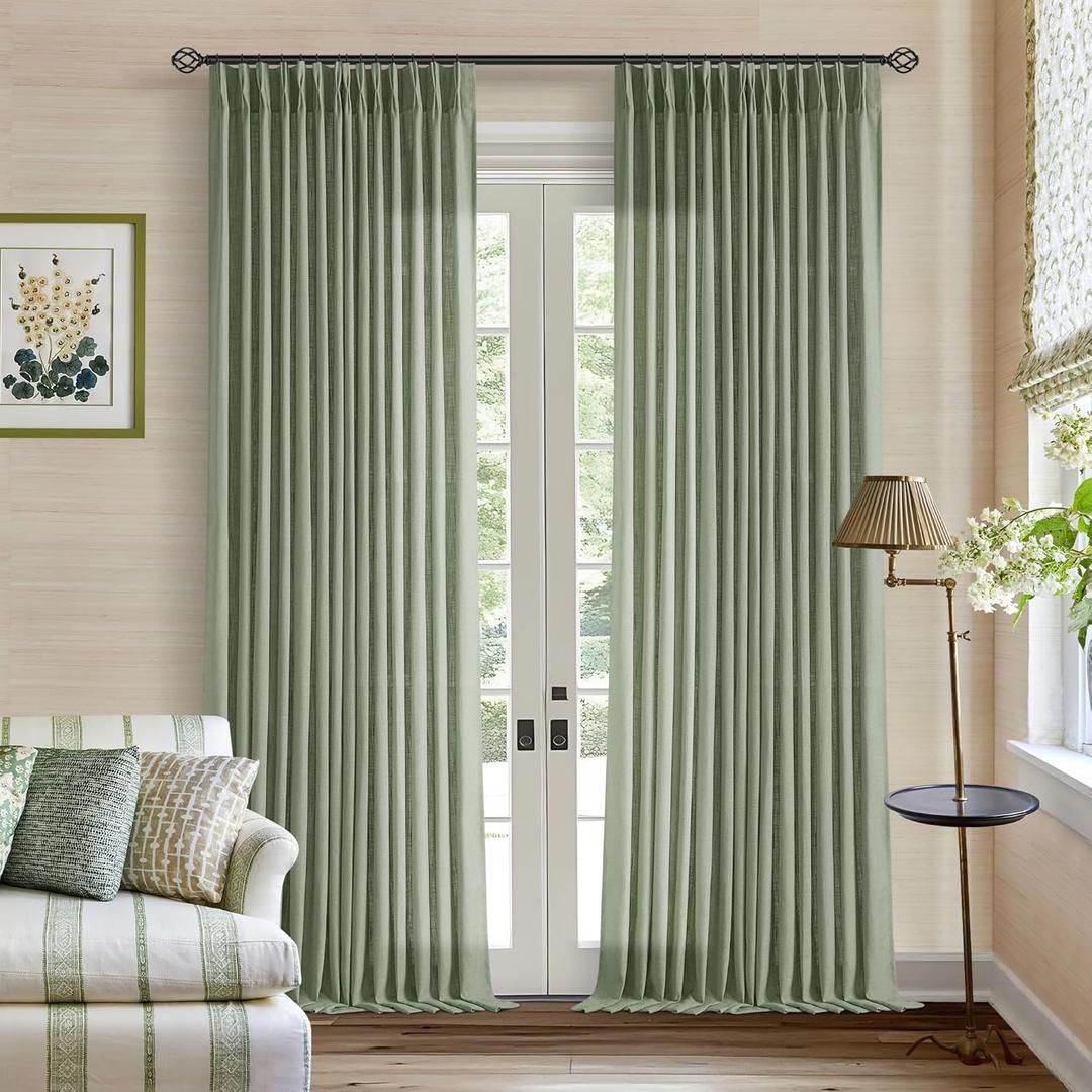 Pinch Pleated Green Linen Curtains 96 Inches Long for Living Room Bedroom Light Filtering Boho Window Drape 96 inch 2 Panels with Hooks Rings 8ft Sage Green Sliding Glass Door Semi Sheer Curtain