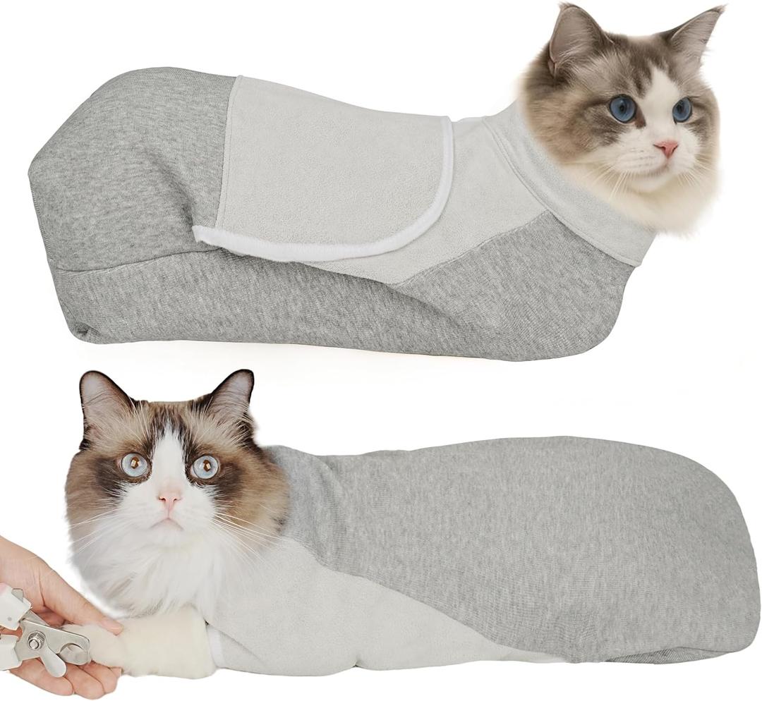 Self-Adhesive Cat Grooming Wrap, Cozy Cat Wrap for Cutting Nails, Breathable Anti-Scratch Cats Swaddle Bag for Brushing, Ear Cleaning, Dental Care, Medication, Injections,Grey L