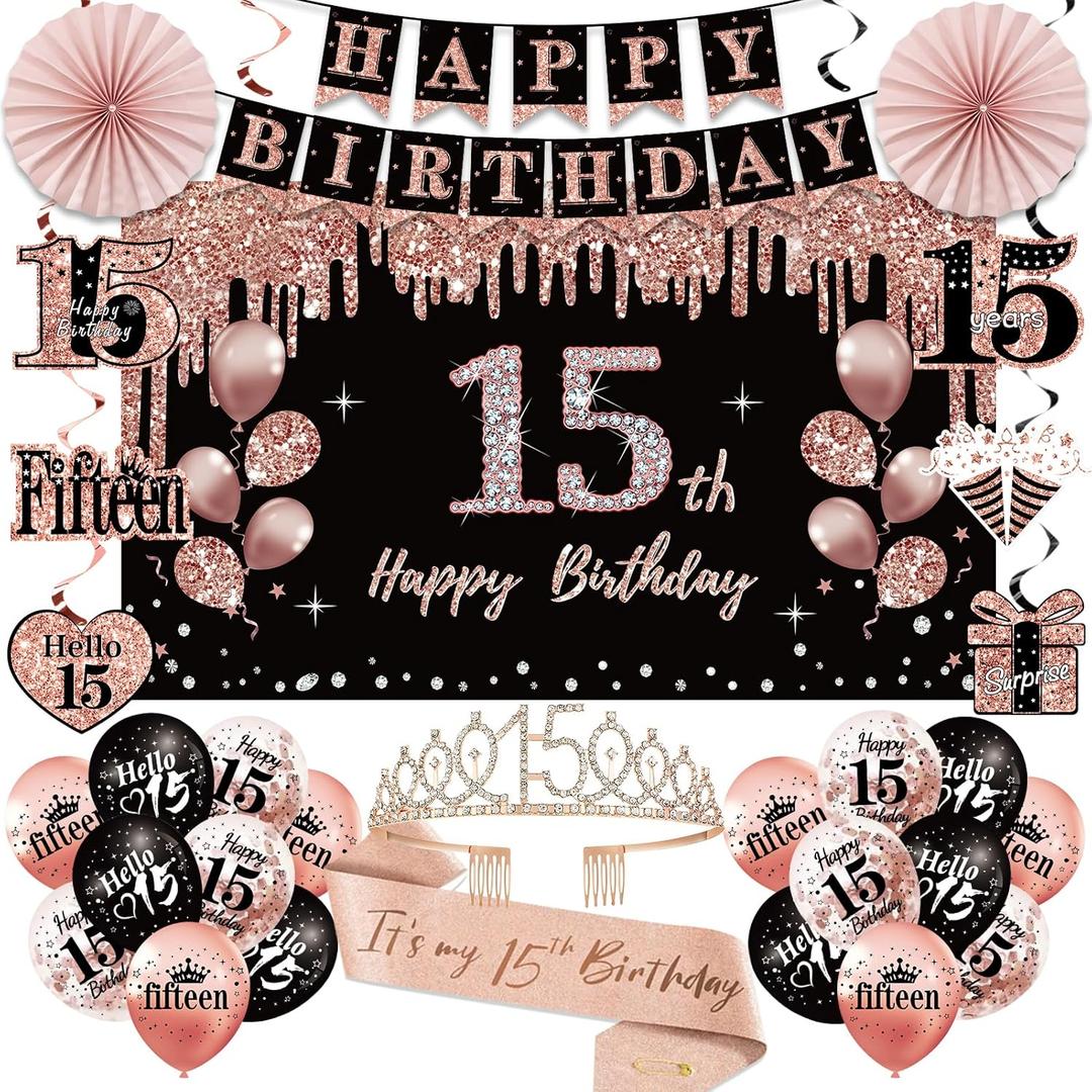 15th Birthday Decorations for Girls, 33pcs Black Rose Gold Happy 15th Birthday Banner 15 Birthday Crown and Sash Balloons Backdrop Hanging Swirls Paper Fans, 15 Years Old Party Supplies Kit