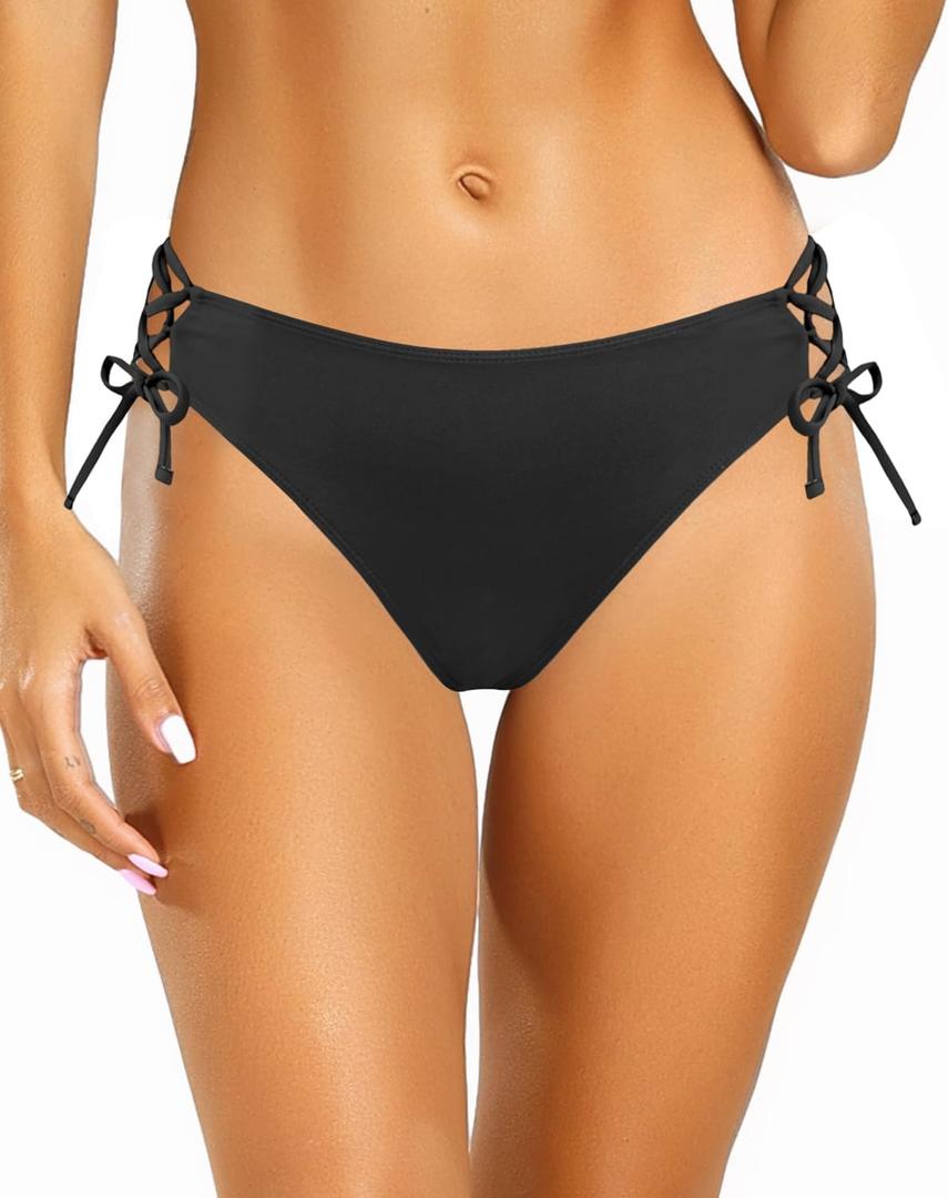 Zmart Women Low Waisted Bikini Bottoms - String Tie Side Bathing Suit Moderate Coverage Swim Bottom (Small, Black)