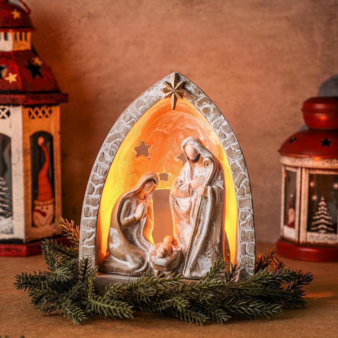 WILLBOND Nativity Sets for Christmas Indoor Holy Family Manger Scene Small Nativity Set with LED Lights Resin Figurine Tealight Candle Holder Tabletop Decor Gift for Holiday (6.7 x 5.5 x 3.9 Inch)