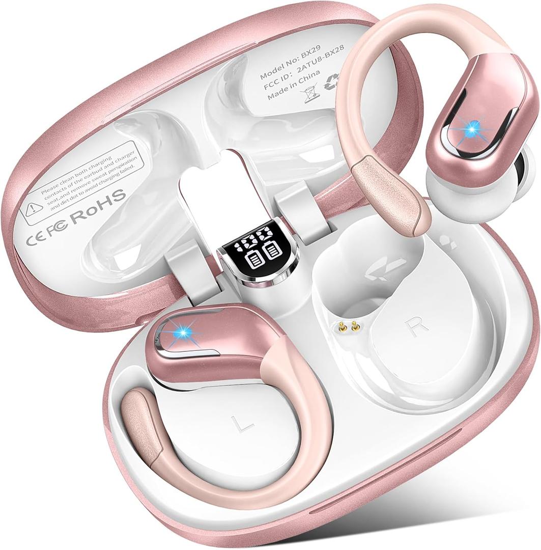 Wireless Earbuds, 75Hrs Bluetooth 5.4 Headphones Sport, Bluetooth Earbuds with ENC Noise Canceling Mic, Bass Stereo Wireless Earphones IP7 Waterproof Over Ear Buds with Earhooks for Running, Rose Gold (Deep Pink)