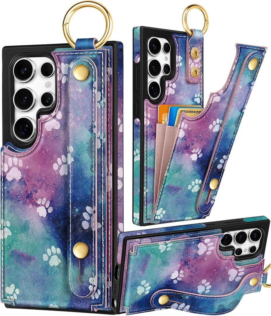 Petitian for Samsung Galaxy S24 Ultra Case with Wallet - Women Girls Cute Girly Aesthetic Unique Design with Leather Credit Card Holder Cardholder Stand Wristband for S24 Ultra, Paw Purple