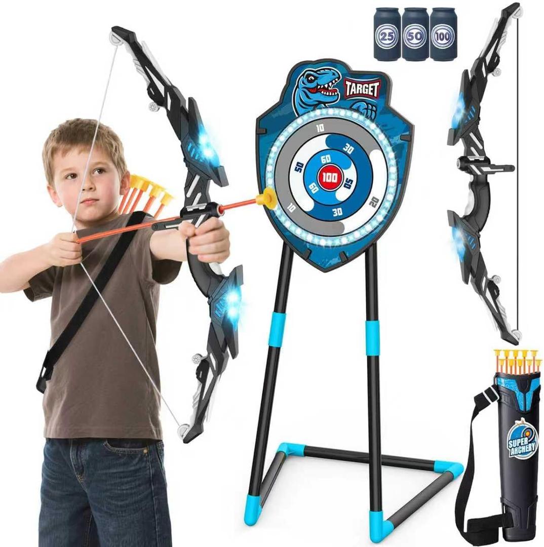 Kids LED Standing Archery Set with Bow & Arrows  Outdoor Sports Toy Gift for Boys & Girls Ages 4-12, Safe & Fun Target Practice Game, Blue