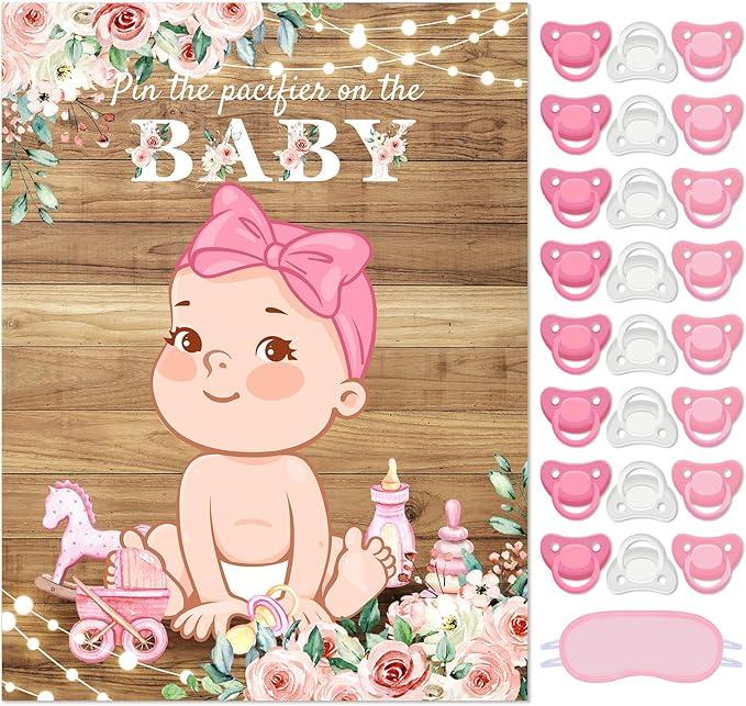 Faccito Pin The Pacifier Baby Shower Game Baby Shower Party Decorations Include Large Poster 24 Pacifier Stickers Blindfold Game Set for Birthday Party Decor Supplies(Country Girl), No Pacifiers