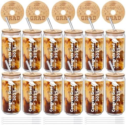 Tioncy 12 Pcs Class of 2025 Graduation Gifts Glass Cups with Bamboo Lids and Straw for Her Him, Congrats Grad College Masters Degree Graduation Gifts, 16 oz 2025 Can Shaped Glass Cup