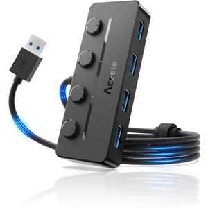 Aceele USB Hub 3.0 with Individual LED Power Switches & Type C Power Port, Multiport USB Splitter 3.0 with 4FT Long Cable, Slim & Portable USB Port Extender for Laptops, PC, MacBook, Mac Pro and More