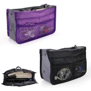 2 Pack Travel Purse Organizer Insert for Handbags, bag organiser, Nylon Purse Organizer, Tote Bag Organizer for Purse, 13 Pocket, Large Capacity Tote Organizer Insert with Zippers (Purple+Black)