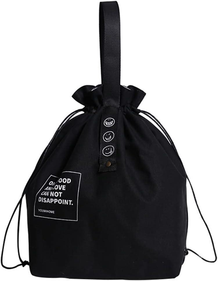 Canvas Drawstring Lunch Bag Insulated Lunch Tote Japanese Style Bento Tote Bag Reusable Lunch Bag Insulated Handbag Tote bag with Handle and Drawstring Closure for Women Work Picnic or Travel(BLACK)