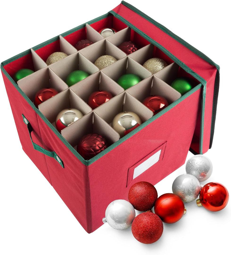 Christmas Decor Storage Box - Red Oxford Canvas Ornament Cube Chest With 64 Compartment Dividers, Riveted Handles, and Lid by Elf Stor