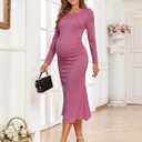 2025 Fall Maternity Dress Faux Two-Piece Long Sleeve Square Neck Mermaid Bodycon Pregnancy Dresses Casual Baby Shower (Pink, S)