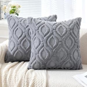 MIULEE Grey Blue Throw Pillow Covers 18x18 Inch, Soft Winter Plush Faux Wool Couch Pillow Covers Set of 2 Decorative Farmhouse Boho Throw Pillows for Sofa Living Room Bed