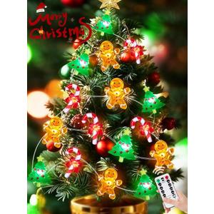 Christmas String Lights Decoration, 10ft 30LED Christmas Tree Gingerbread Man Candy Cane Fairy Lights Battery Operated with Remote, 8 Modes & Timer, Twinkle Light for Home Party Indoor Outdoor Decor (Red Green Orange)
