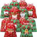 12Pcs Christmas Gift Doll Bags with Drawstring, 8x10in 3D Christmas Goody Gift Bags Small Fabric Xmas Candy Bag, Burlap Treat Xmas Reusable Gifts Wrapping Bag Holiday Party Favors Decor Santa Sacks (Shiny Red & Green)
