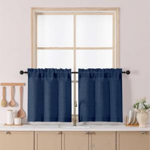 Chyhomenyc Navy Blue Kitchen Curtains 24 Inch Length, Light Filtering Faux Linen Slub Textured Small Half Window Cafe Curtain, Short Curtains for Cabinet Bathroom Basement RV Camper, 30Wx24L, 2PCS