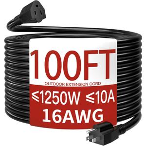 16/3 10A 125V 1250W 100 Ft Outdoor Extension Cord Waterproof, Weatherproof & Flame Retardant Black 3 Prong Power Cord Outside for Lawn & Garden, SJTW ETL Listed
