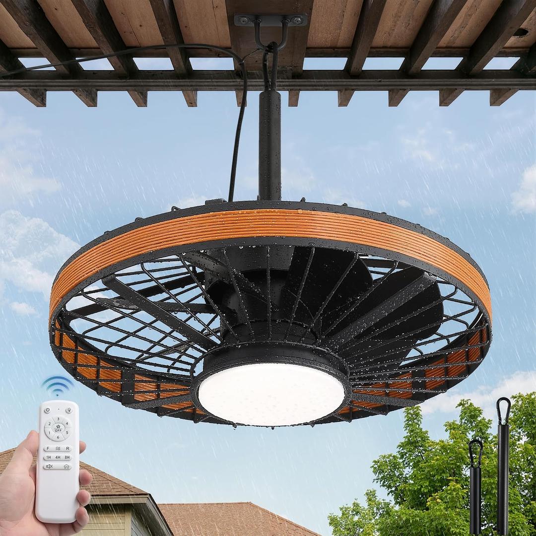 LEDIARY Outdoor Ceiling Fans with Lights, IP65 Waterproof Gazebo Fan with Hanging Hook,6 Speeds, 3CCT, 20 Inch Wet Rated Plug in Ceiling Fan for Patios,Porch, Pergola,Canopy, Brown