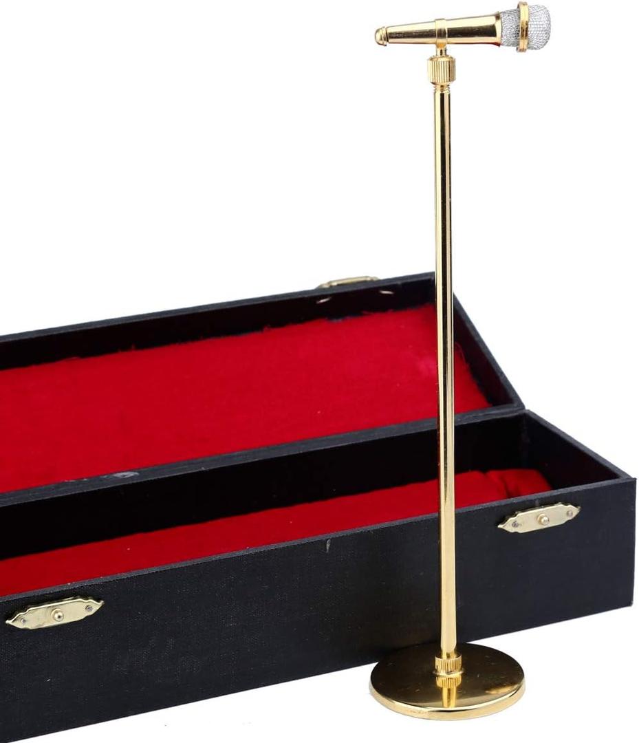 Miniature Microphone with Case Mini Musical Instrument Microphone Replica Model Fit for 1:6 Action Figures Dollhouse Accessories Home Decoration Ornament (Gold, (Adjustable) 7.87"-11.41")