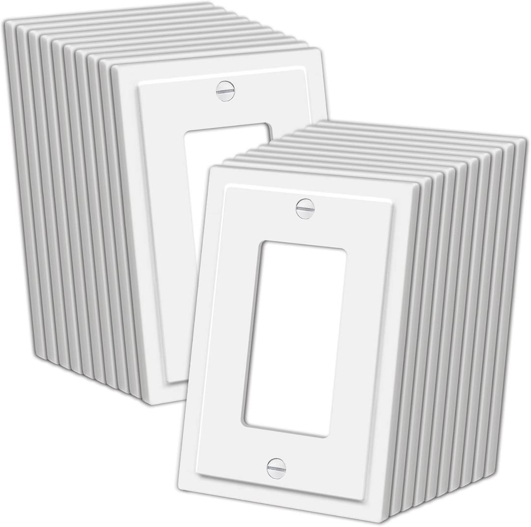Modern Framed Single Decorator Wall Plate, 1-Gang Decorative Switch or Outlet Cover, 20 Pack White Wallplate, Impact Resistant Polycarbonate, Standard Size 3.15X 4.87
