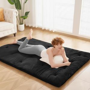 Japanese Floor Futon Mattress Full Size 54"x 80", 2.5'' Thick Foldable Roll Up Floor Bed Sleeping Pad, 25D Foam Filled Tatami Mat with Straps for Guest Room, Dormitory & Camping, Black
