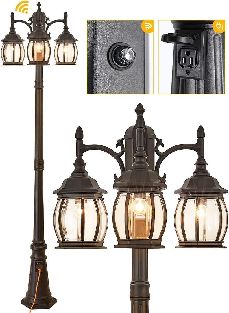 Dusk to Dawn Vintage Outdoor Post Light 82.7"H 3-Headed Lamp Post with Outlet IP65 Waterproof Street Lantern 3 Light Black Clear Glass Outdoor Lamp Post Lights E26 Outdoor Street Light Yard, Large