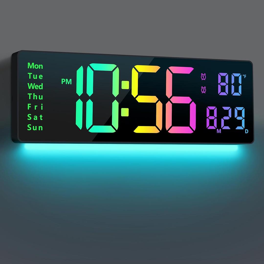 Digital Wall Clock Large Display 16", Digital Clock with 11 RGB Colors Changing Remote Control, LED Clocks with Night Lights for Living Room Bedroom Office Classroom Decor, Auto DST (Multicolor)