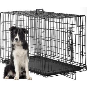 FDW Dog Crate for Large Dogs 48 Inch Folding Metal WirePet Cage Double Door W/Divider Panel Indoor Outdoor Kennel Leak-Proof Plastic Tray,Black